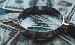 magnifying glass on top of cash